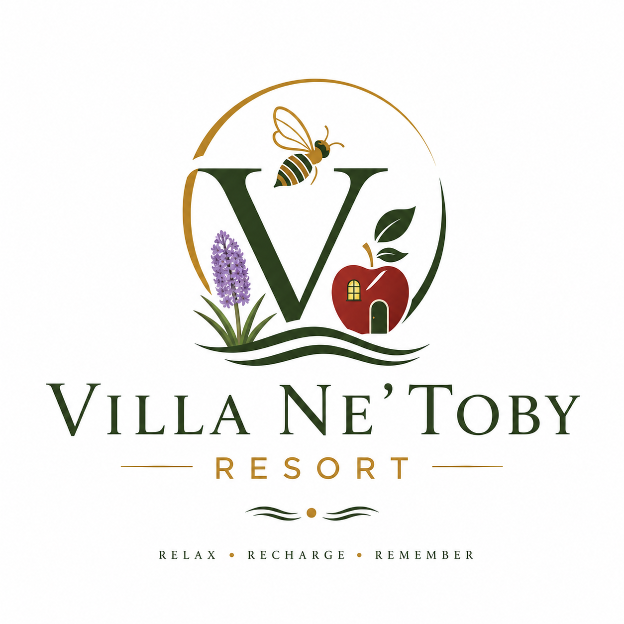 Villa Ne' Toby resort logo with apple villa, bee and natural tropical leaves